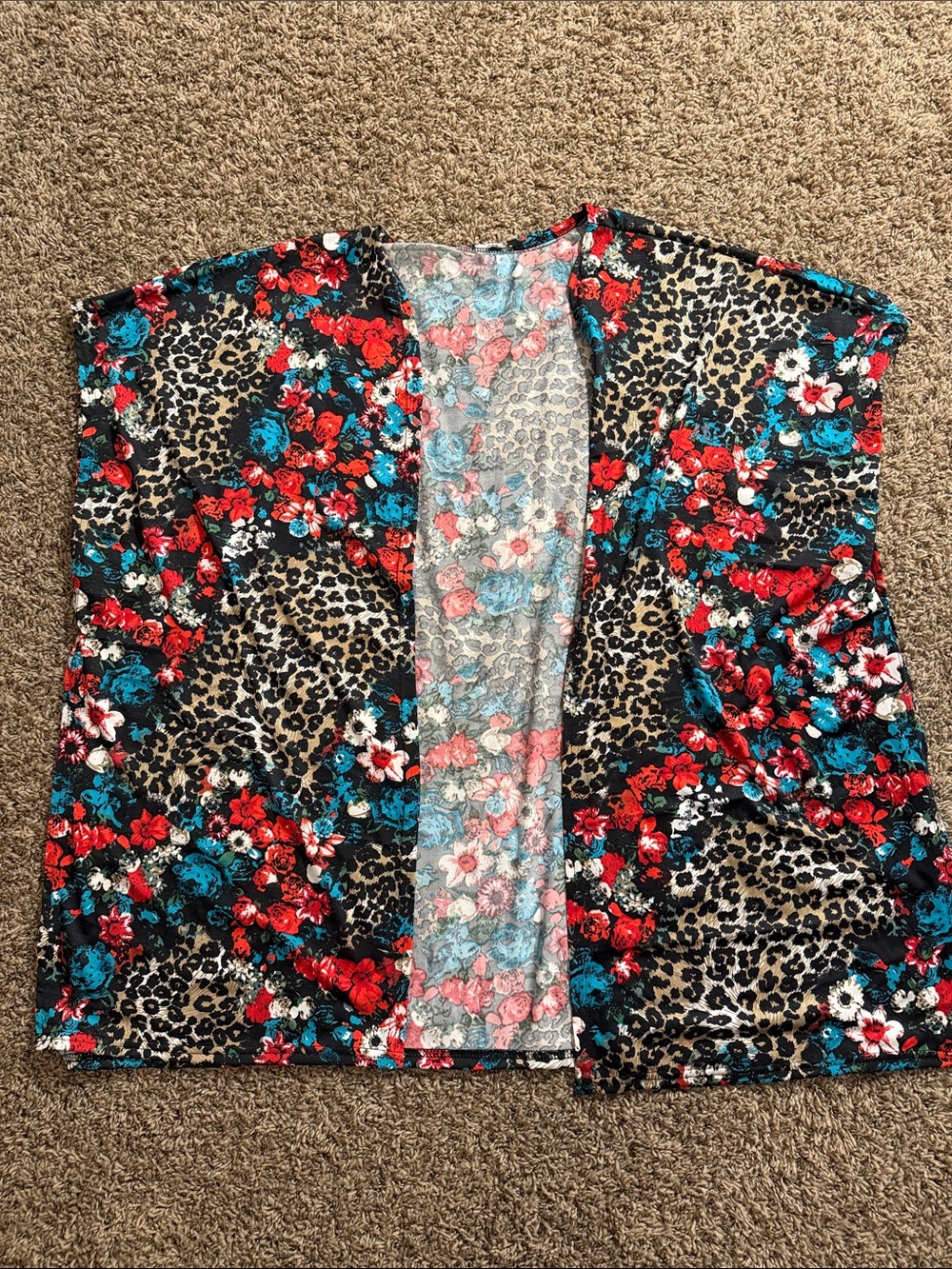 Source Unknown Floral & Leopard Open-Front Kimono Jacket - Red, Teal & Black